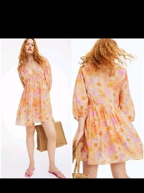 H&M Daisy Floral V-Neck Babydoll Dress Peach Pink Plus XXL Romantic Feminine